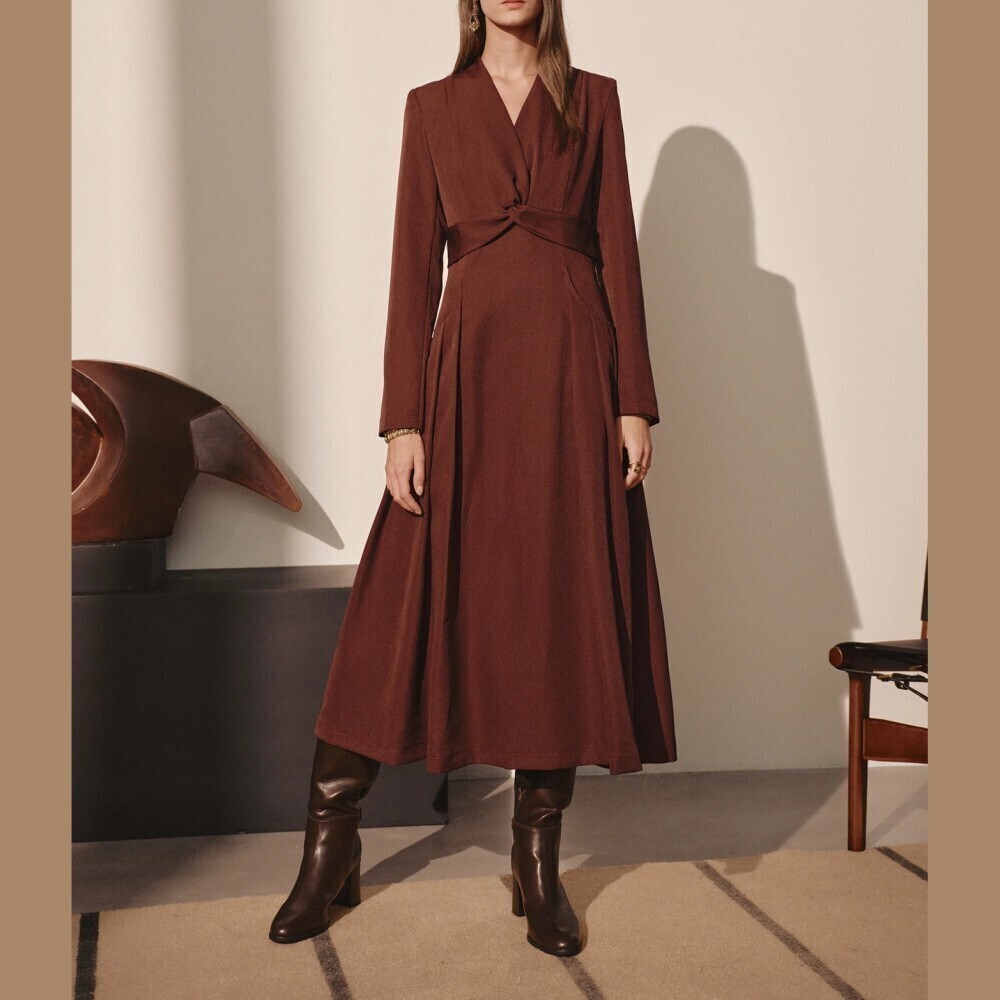 Brown Twist Front Deep V Neck Long Sleeve Pleated Midi Dress